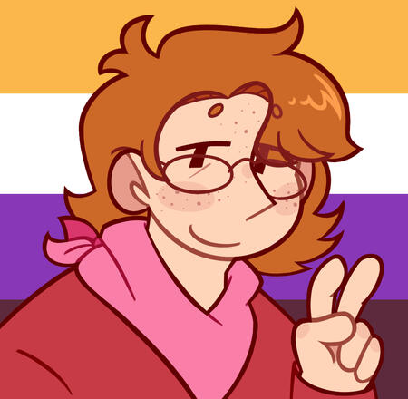My profile picture, depicting myself with the nonbinary flag behind me