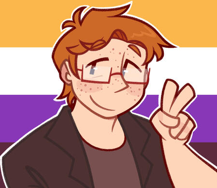 My profile picture, depicting myself with the nonbinary flag behind me
